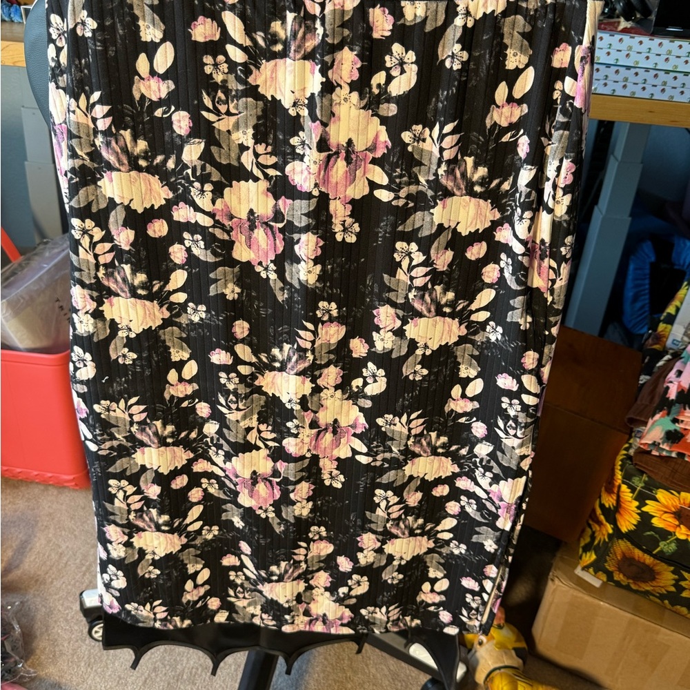 LuLaRoe Black and Pink Floral Midi Skirt